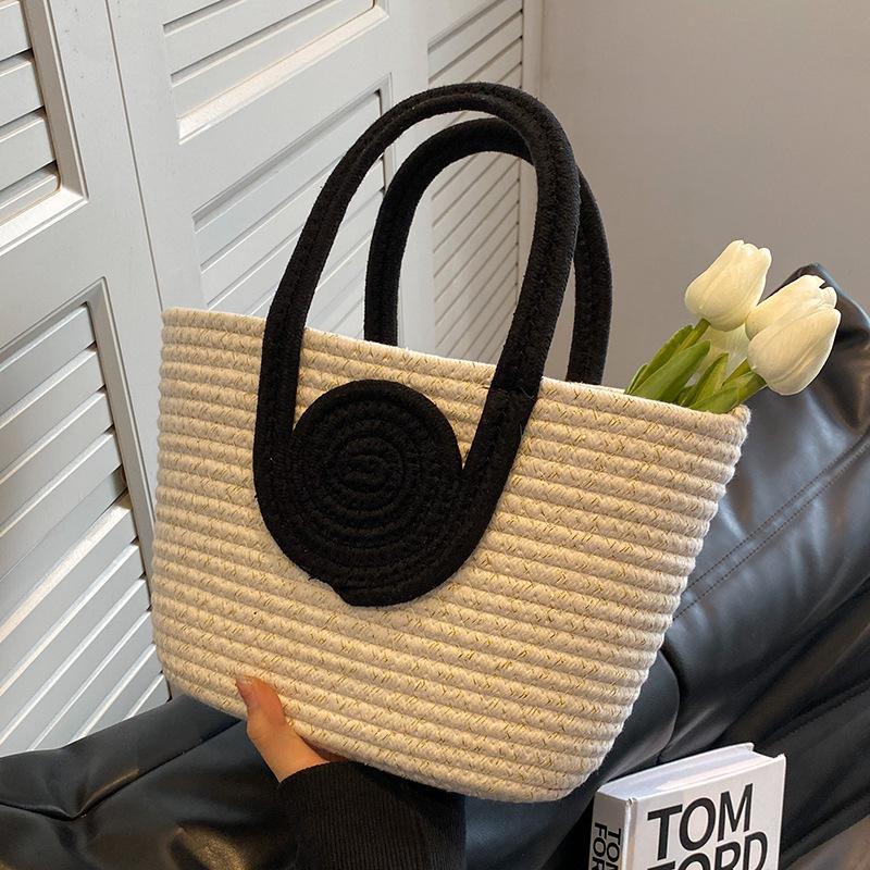 Contrast Color Cotton Rope Woven Women's Tote: Stylish, Large Capacity, Versatile Korean Handbag
