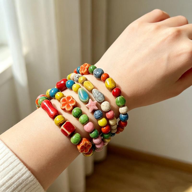 Handmade Boho Ceramic Beaded Bracelet Bright Colorful Elastic Wristband Fun Jewelry for Summer Vacation Trips