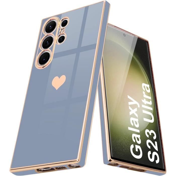 Coque pour Samsung Galaxy S23 Ultra - Antichoc - Bleu - Motif Cœur - Finition Galvanoplastie - Souple