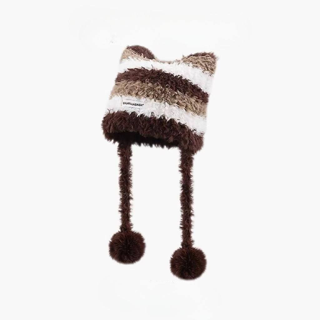 

Striped Knitted Hat Fluffy Earflap Wool Hat Winter Korean-Style Warm Versatile Can Be Used As A Bag