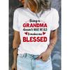European Size Blessed Grandma Print T-Shirt, Mother's Day Short Sleeve Crew Neck Casual Top For Spring & Summer, Women's Clothing