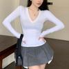 Cotton V-neck front shoulder T-shirt women's spring and autumn new Spice Girl slim and thin sexy long-sleeved bottoming shirt top