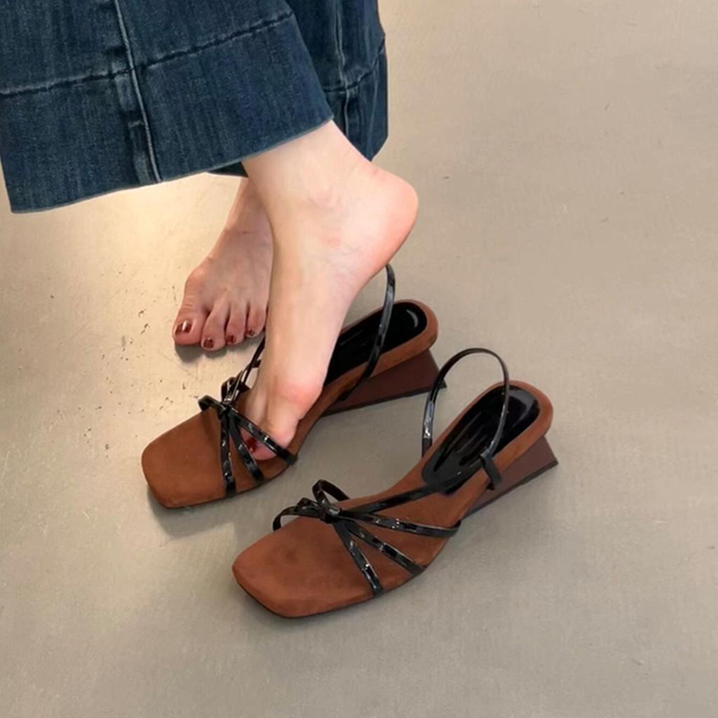 Retro thin strap open-toed sandals women's summer gentle temperament versatile bow slope heels