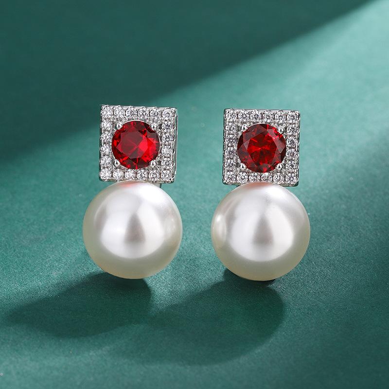 Emerald zircon pearl silver needle earrings imitation natural freshwater pearl stud earrings pendant pearl stud earrings 12mm