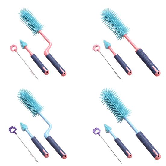 3Pcs/Set Bottle Brush Detachable Soft Liquid Silicone Head Infant Feeding Utensil Cleaner Non-Slip Handle Bottle Brush