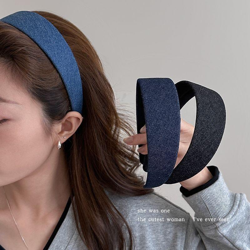 Retro Denim Blue Wide Headband Women High Cranial Top Face Washing Anti Slip Hair Hoop Daily Hair Accessories
