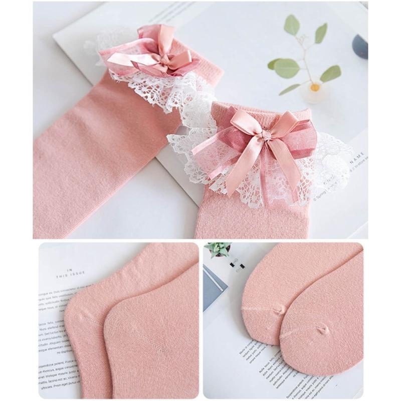 Women Japanese Style JK Ruffle Lace Trim Calf Long Socks Sweet Bowknot Princess Cotton Knee High Socks Stockings Hosiery