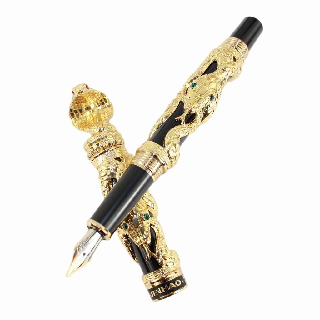 Gullor Fountain Pen Black and Gold Snake 3D Medium Nib Pattern,