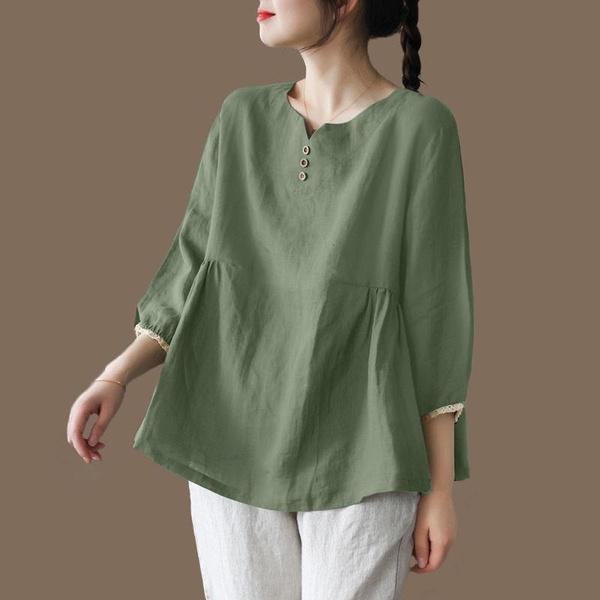 

Женская свободная повседневная блузка, хлопковая однотонная летняя футболка с v-образным вырезом и половиной рукавов, большие размеры XXL зелёный