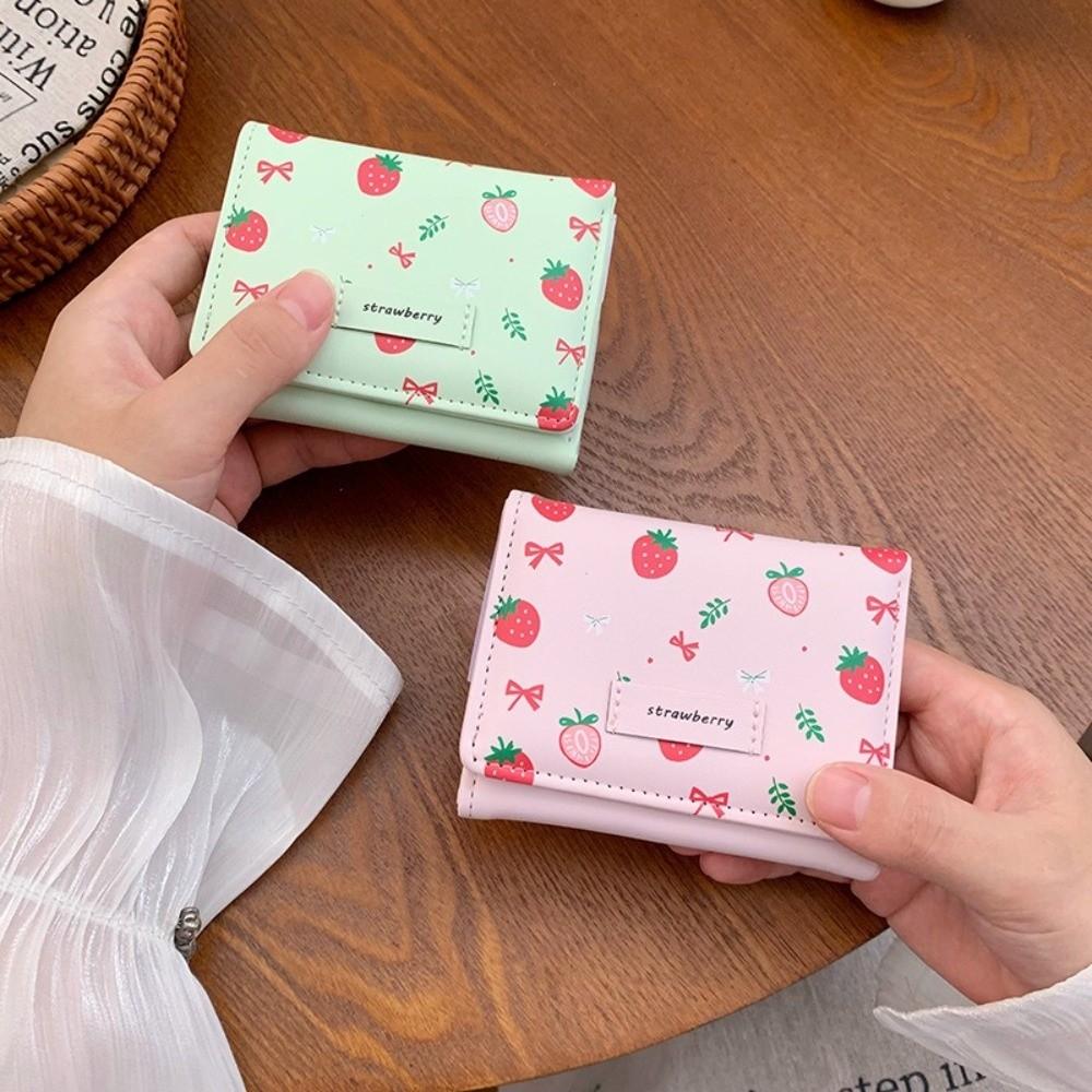 Strawberry PU Leather Wallet Printing Card Holder Portable Tri-fold Wallet  Girl