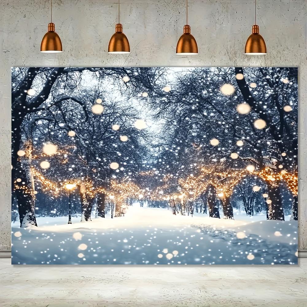 1 enchanting winter snow background | Shining white forest miracle and fairy lamp party decoration