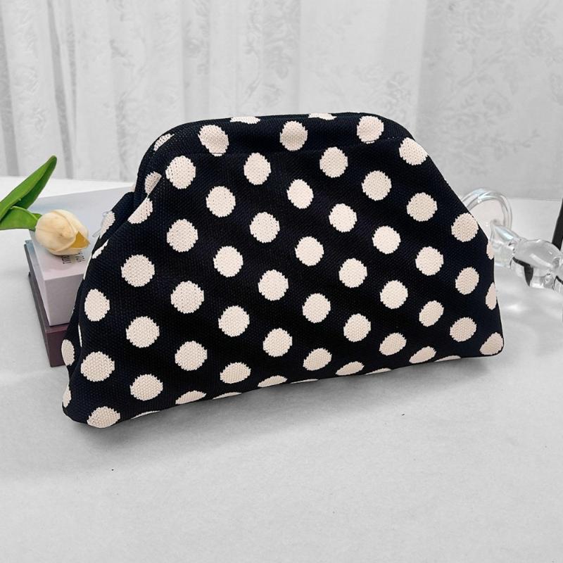 European And American Retro Polka Dot Makeup Bag, Knitted Color-Blocking Large Capacity Portable Cosmetic Pouch