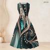 Women Plus Size Two Piece Set Printed Green Black Gold 3 4 Sleeve Cardigan Sleeveless Tie Waist Flared Dress