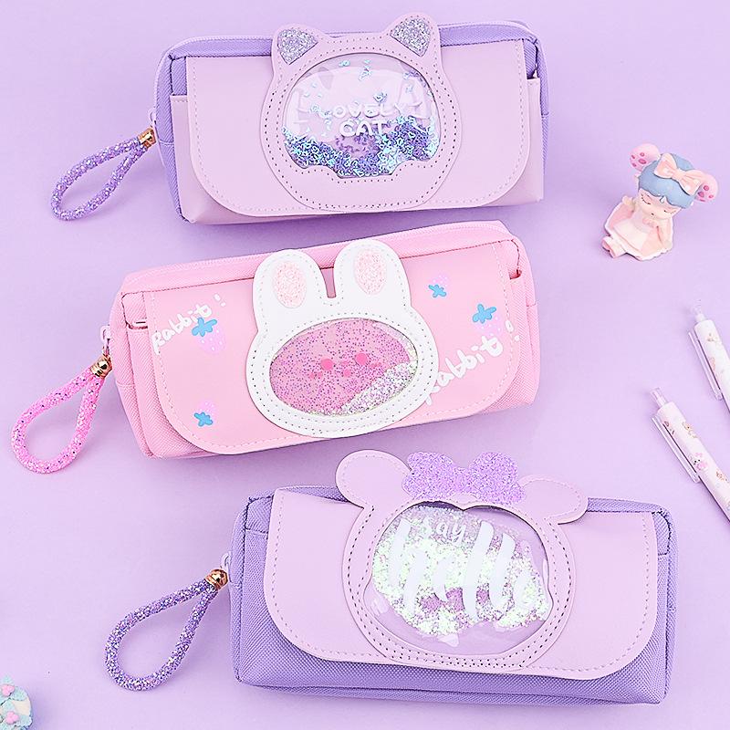 Quicksand Cat Pencil Case Cute Pencil Bag Three Layers Big Pen Case Girls Kawaii Stationery Bag Cartoon Animals Pen Box Student