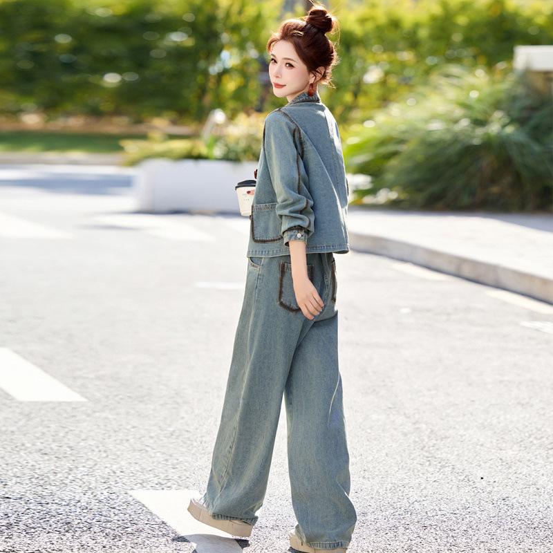 Casual fashion retro denim suit women's spring new design sense age-reducing wide-leg pants two-piece set