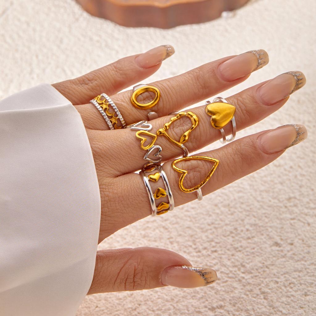 7Pc Abstract Geometric Heart Ring Set for Women Stainless Steel Dual Tone Minimalist Everyday Mix Match Chunky Finger Jewelry
