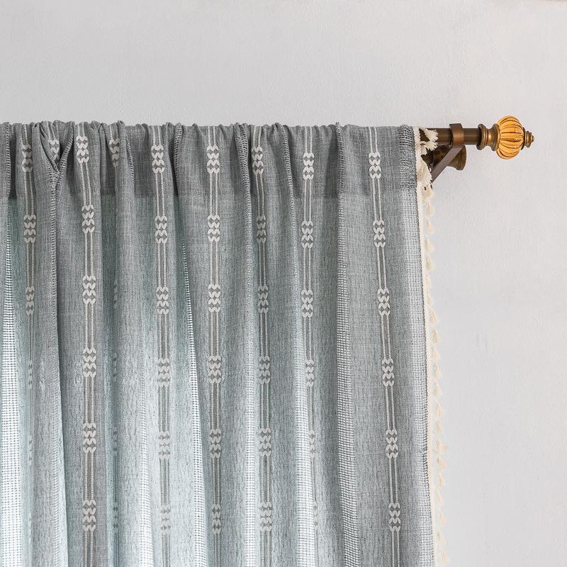 Gray Green Bohemian Curtains Bedroom Living Room Semi-Blackout Farmhouse Curtains Cotton And Linen Fringed Curtains