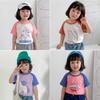 Girls' 2025 Summer Color Block Cartoon Print Cotton T-shirt, Round Neck, Short Sleeve