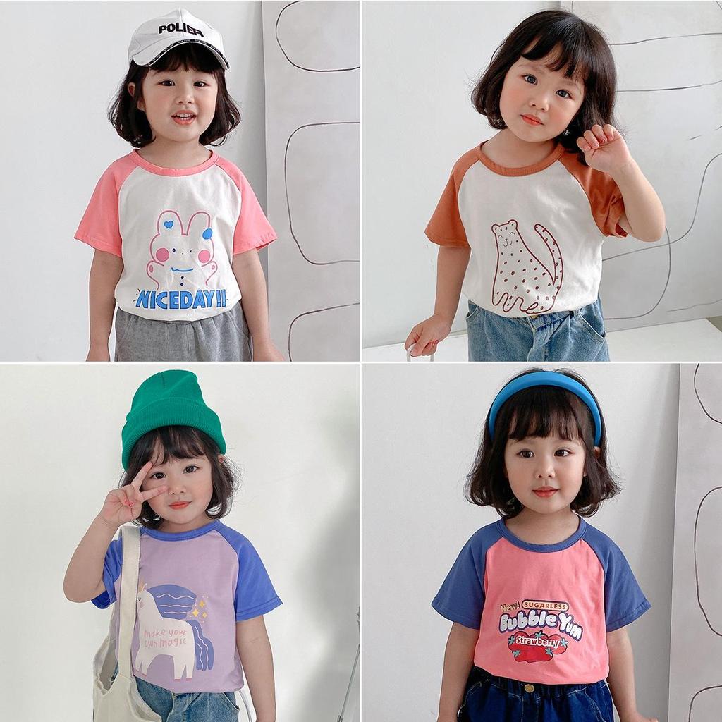 Girls' 2025 Summer Color Block Cartoon Print Cotton T-shirt, Round Neck, Short Sleeve