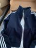 Unisex Dark Blue Three-Stripe Stand Collar Hoodie Jacket for Autumn/Spring