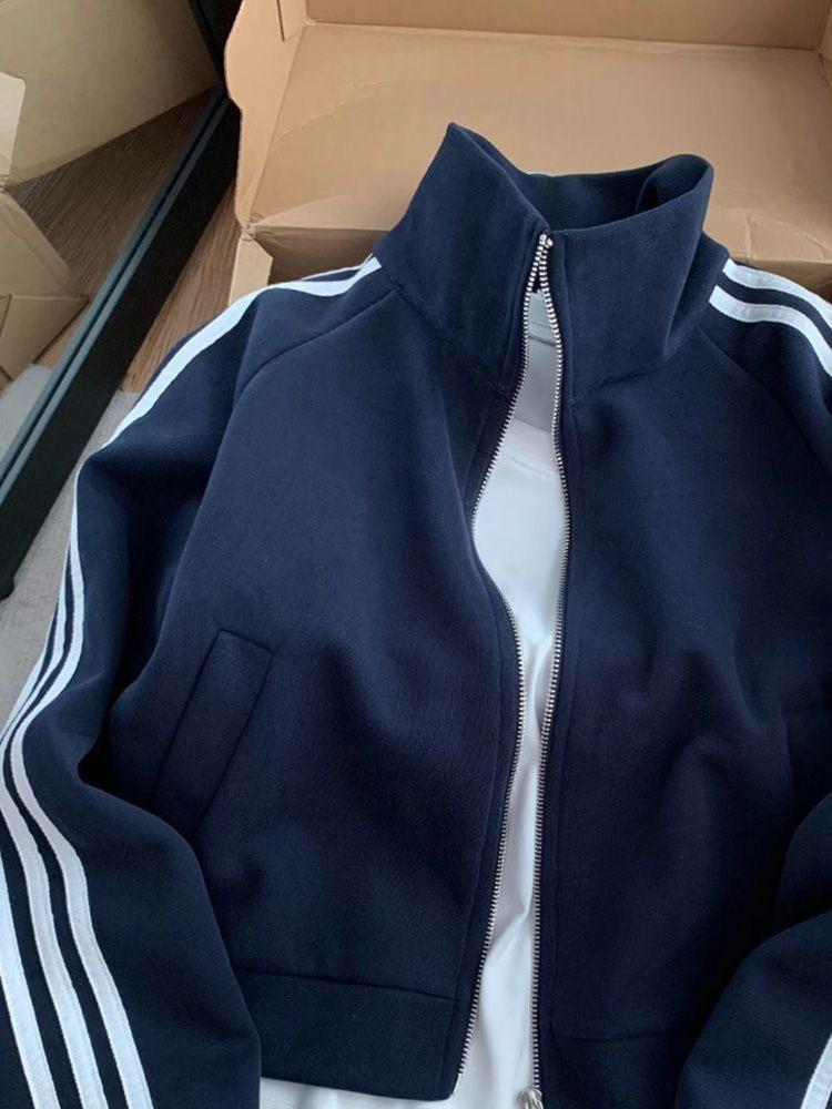 Unisex Dark Blue Three-Stripe Stand Collar Hoodie Jacket for Autumn/Spring