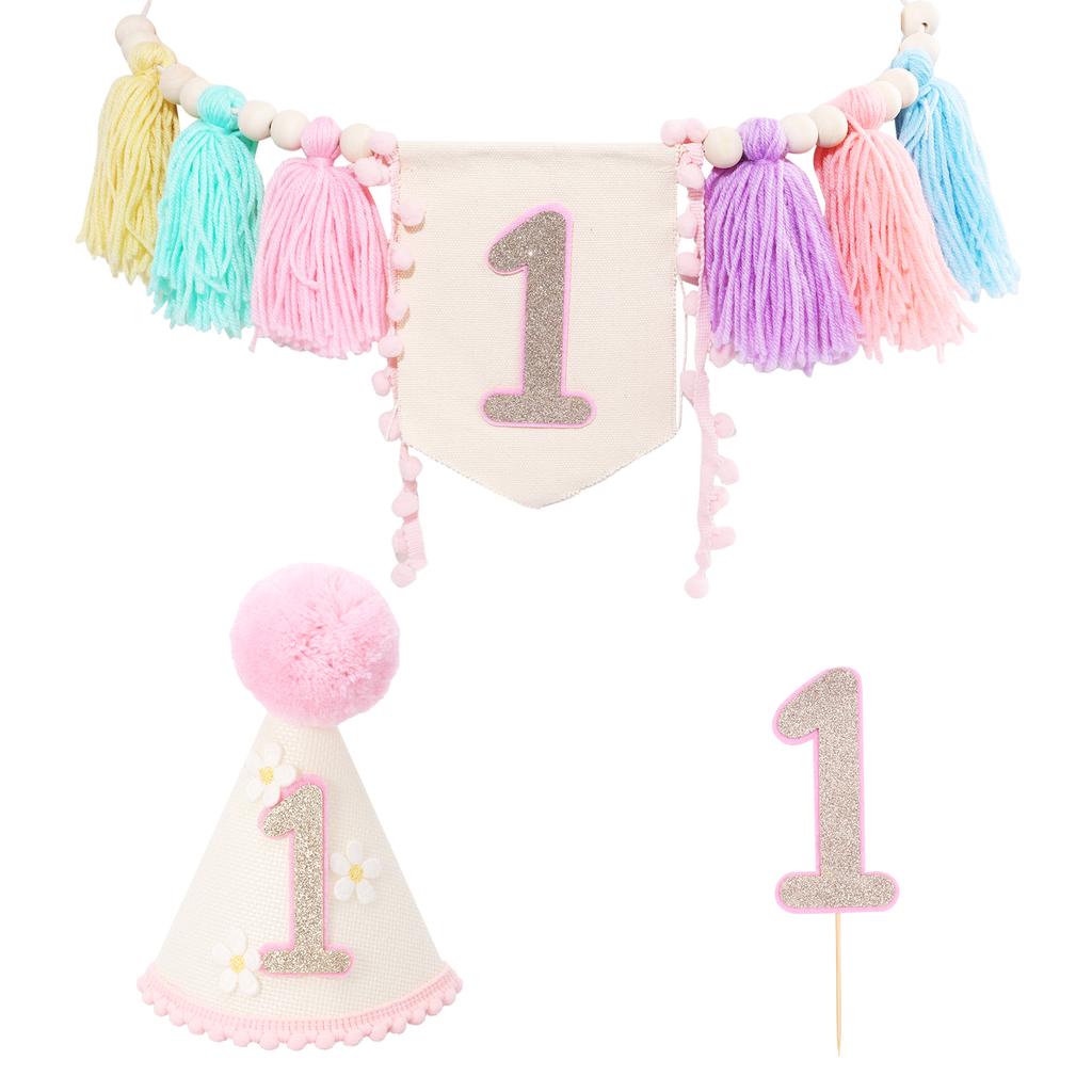 3 Stück Baby Erster Geburtstag Hochstuhl Banner Krone Hut und Kuchenaufsatz Junge Mädchen Ein Jahr alt Geburtstagsparty Dekoration Zubehör