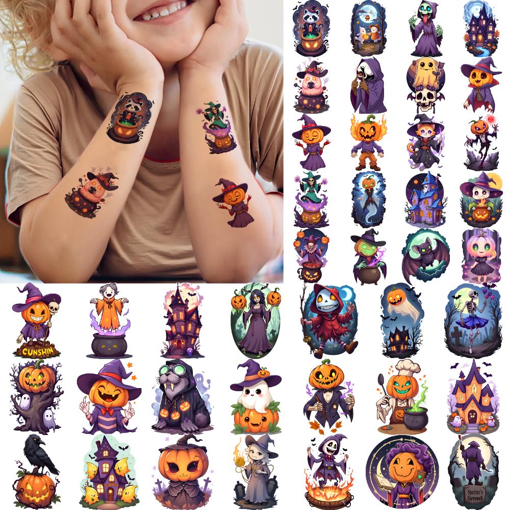 63pcs Temporary Tattoo Pumpkin Heads Temporary Tattoo Stickers Witch Figures Ghost Figures Comic Halloween Characters For Men