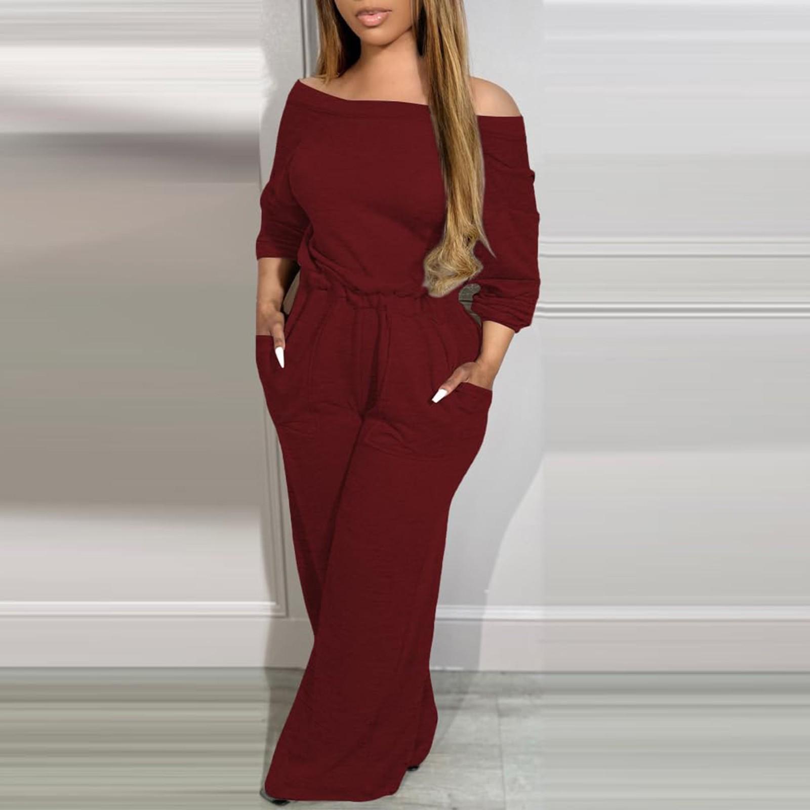 

Женские комбинезоны на одно плечо для женщин с длинным рукавом и широкими штанинами, нарядные комбинезоны XL винный