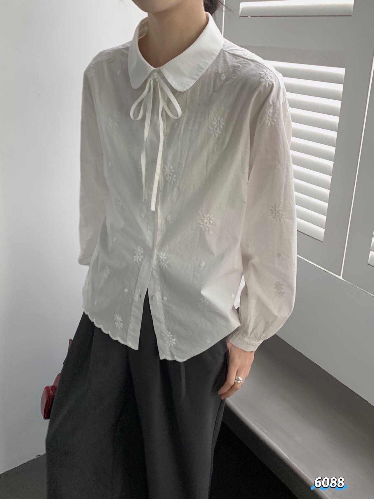 Spring Lace-Up Embroidered Lapel Shirt for Women Large Flower