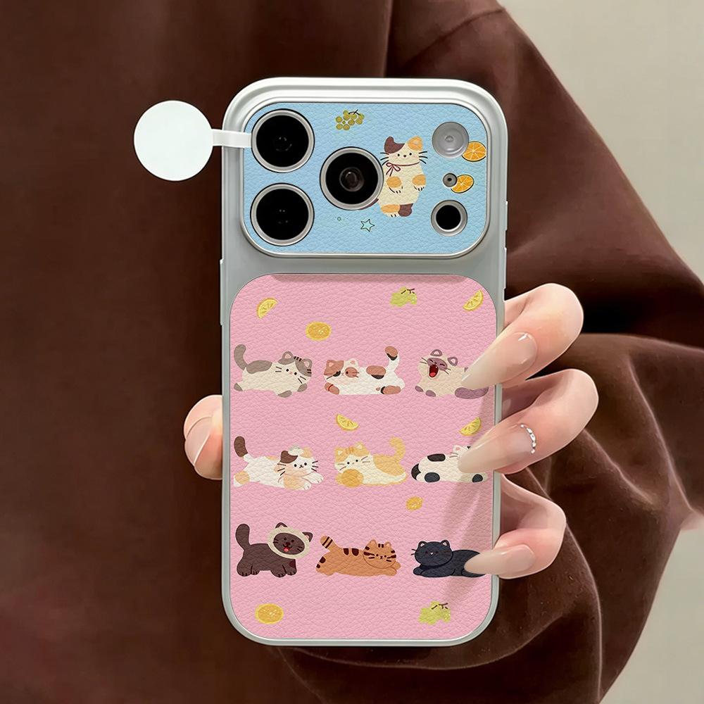 Pink and blue cat is suitable for Apple 17 mobile phone case iPhone15promax all-inclusive 16Pro leather pattern 14 simple ins