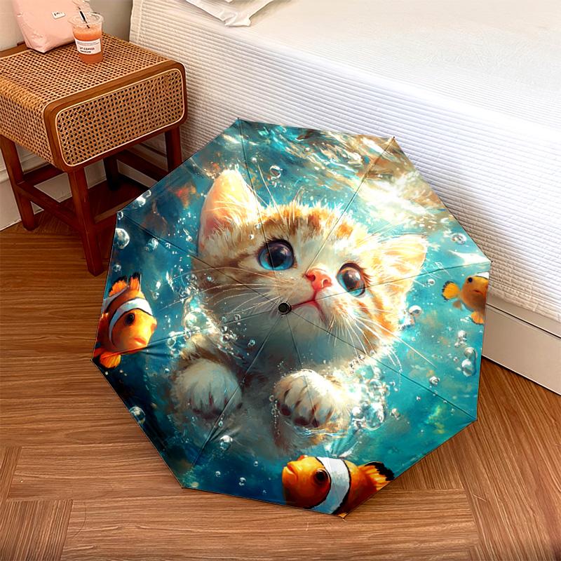 1 PC Automatic Folding Umbrella - Kitten Clownfish Pattern, Portable & Foldable Design with 8 Ribs, Christmas Birthday Gifts