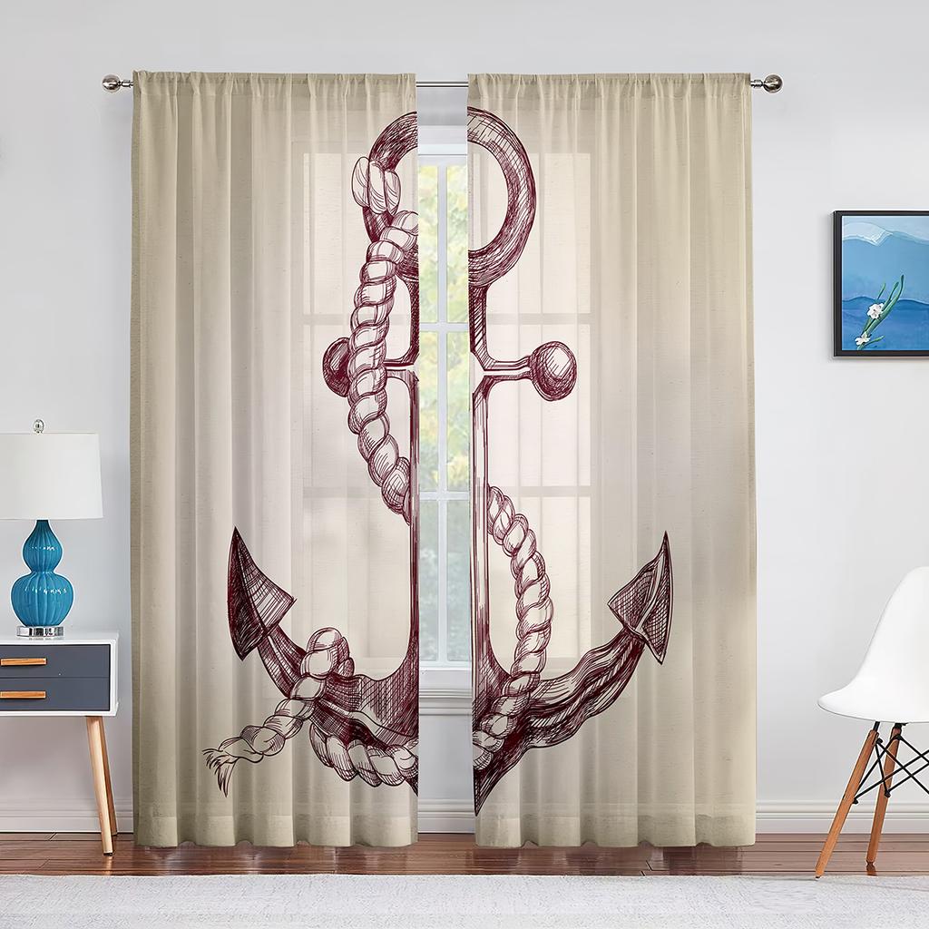 Nautical Anchor Rustic Grey Wooden Sheer Window Curtains Bedroom Modern Chiffon Drape Tulle Living Room Kitchen Voile Curtain