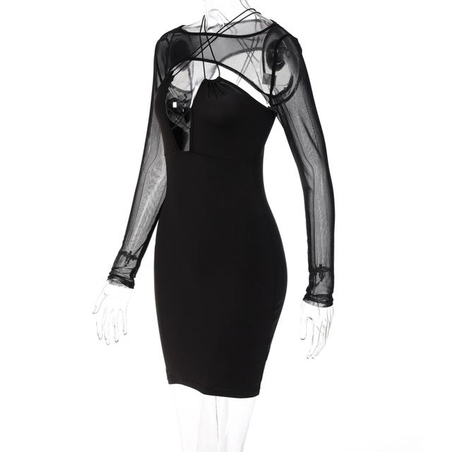 

Ladies Autumn Temperament Outfit Women Mesh Long Sleeve Round Collar Short Tops + Solid Color Backless Cross Slip Dress L чорний