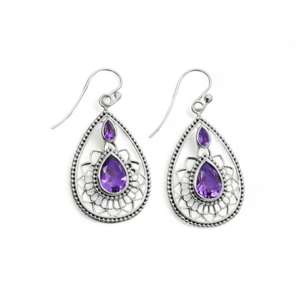 Amethyst Dangle Earrings - 925 Sterling Silver, Teardrop Gemstone