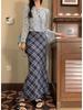 Women's Retro Blue Plaid High-Waist Fishtail Skirt – Korean Style, Slimming Mid-Length, Versatile for Autumn