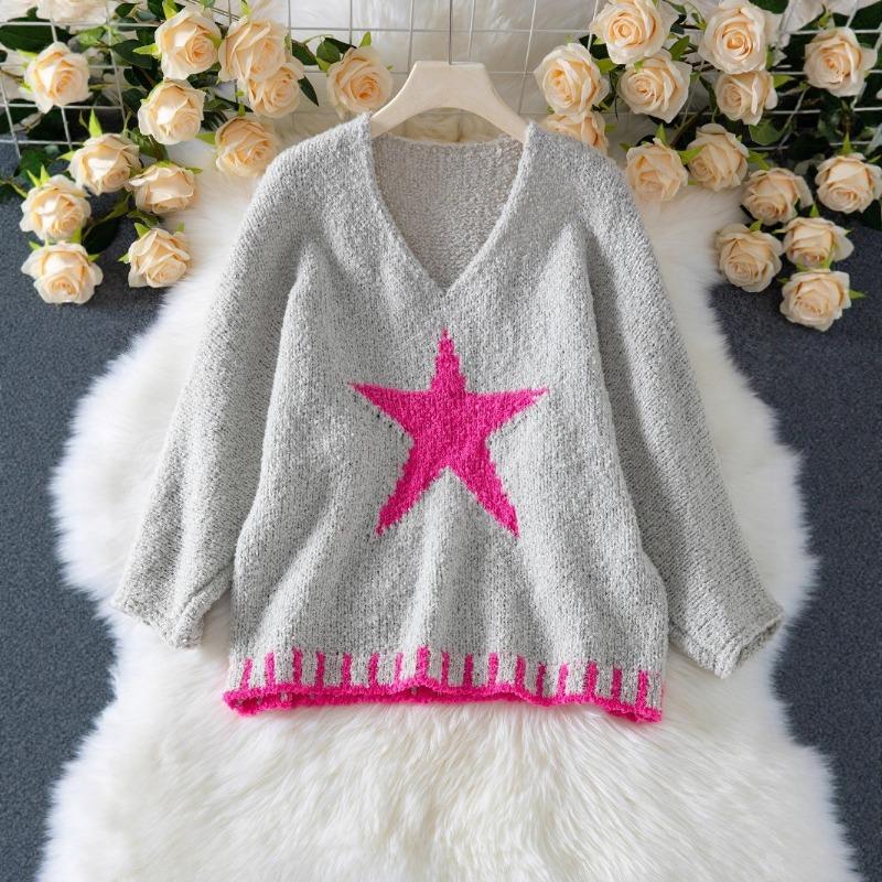 2025 Autumn New Star Pattern Women's Sweater Casual Loose V-neck Sweater Elegant Versatile Pullover