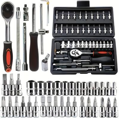 46Pcs Machine Tool Socket Set, 1/2 Inch, 1/4 Inch, 3/8 Inch Drive, Universal Ratchet Wrench Set with 72-tooth Ratchet, Suitable for Automotive Use.