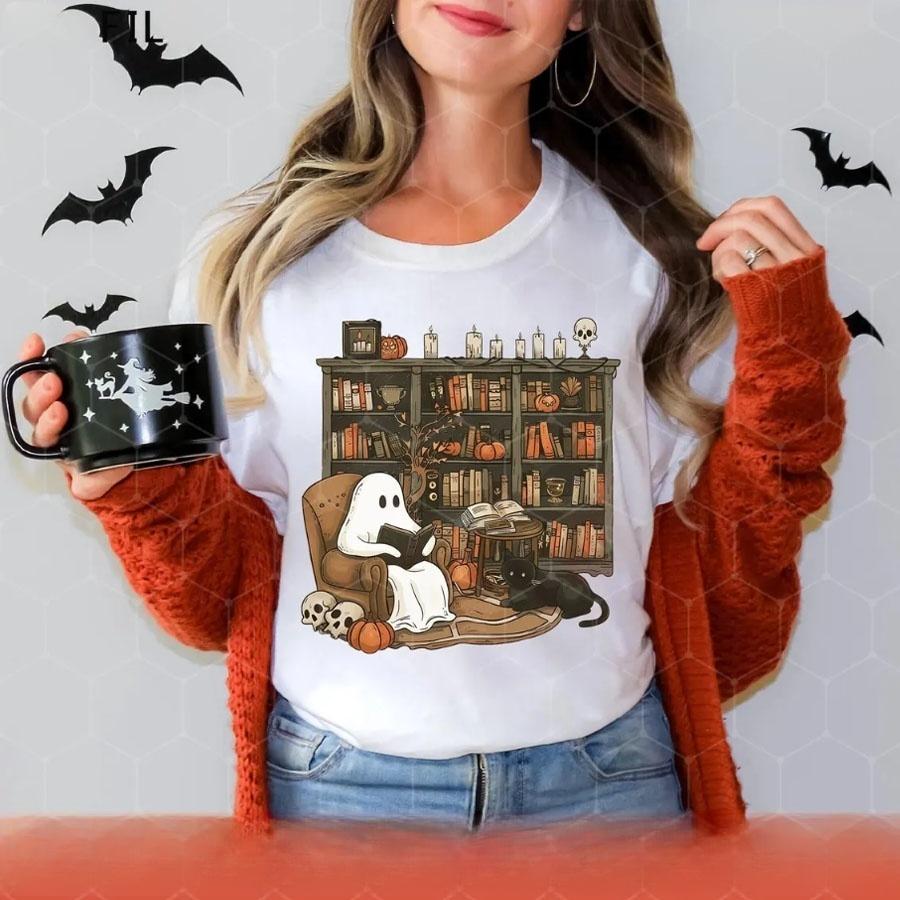 

Halloween Ghost Reading Books Round Casual Summer Womens Astronaut Graphic TShirt Print Short Sleeve FeUnisex Vintage Tops S