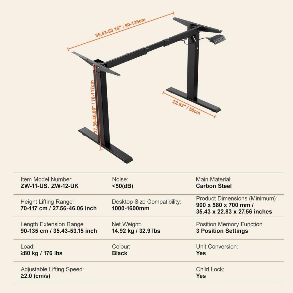 Electric Standing Desk Frame Adjustable 70-117 cm H Stand Workstation