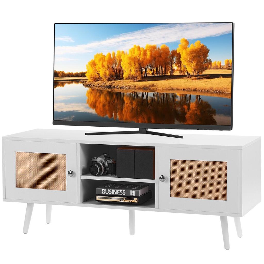 Rattan TV Stand, Boho TV Cabinet for 55 inch TV, Mid Century Modern TV Stand, Rattan TV Console with Adjustable Shelfs for Living Room, Media Room,