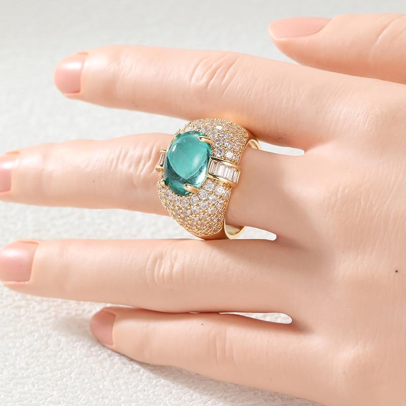 Luxury Inlaid White Green CZ Women's Ring Dazzling Gold Color Geometry Daily Wear Party Jewelry Anniversary Gift