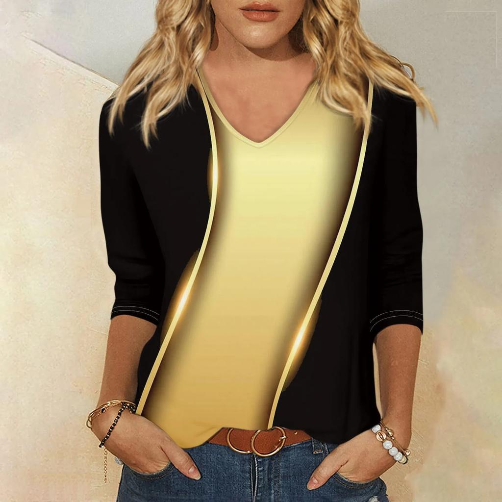 Shirt For Women'S Fashion Casual V Neck 3/4 Sleeve Loose Printed T-Shirt Ladies Top New Fashionable And Simple Women‘S 2024
