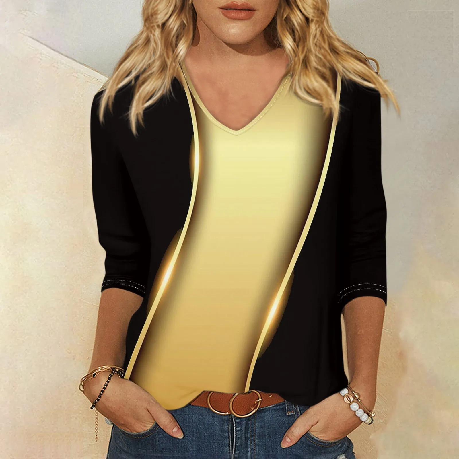 

Shirt For Women S Fashion Casual V Neck 3/4 Sleeve Loose Printed T-Shirt Ladies Top New Fashionable And Simple Women‘S 2024 6XL