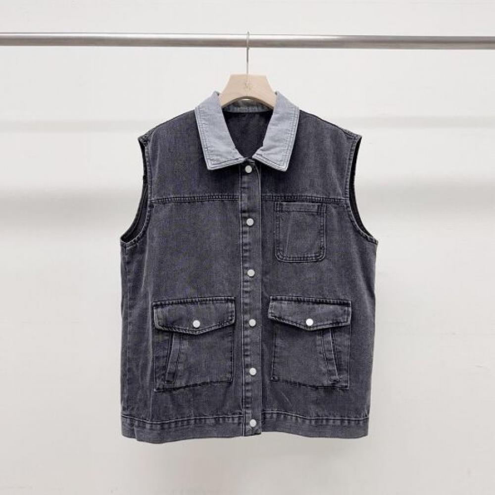 Mizqz Oversized Denim Vest With Contrast Collar Washing