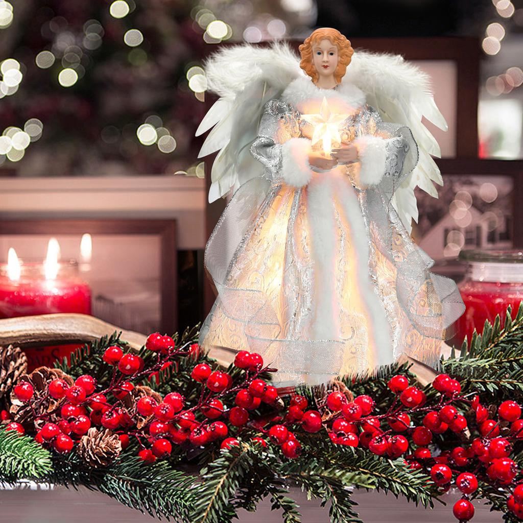Wirlsweal Anjo de Natal Topo Anjo Boneca Estrela Topo de Árvore Iluminado Reutilizável Decoração de Pena Bom Detalhe Decoração Topo de Árvore de Natal Festa de Ano Novo