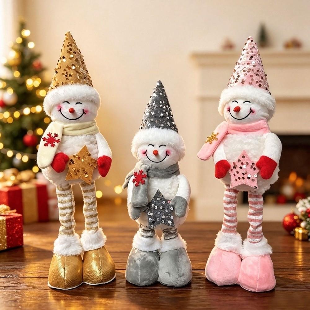 Sequined Retractable Snowman Figurine Sparkling Soft Fabric Christmas Snowman Stretchable Star Xmas Tabletop Ornament
