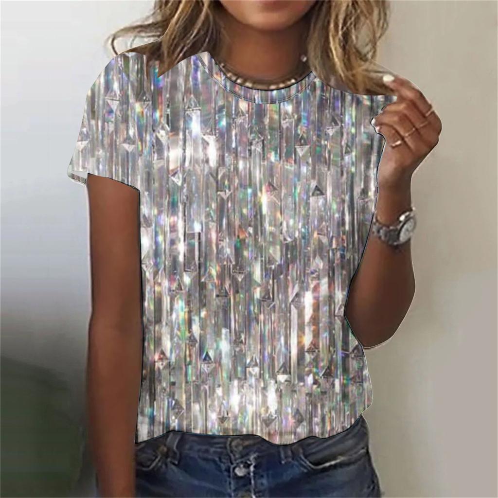 Camiseta Feminina com Estampa Padrão 3D Casual Manga Curta Gola Redonda Top Moderno Roupas Femininas de Rua