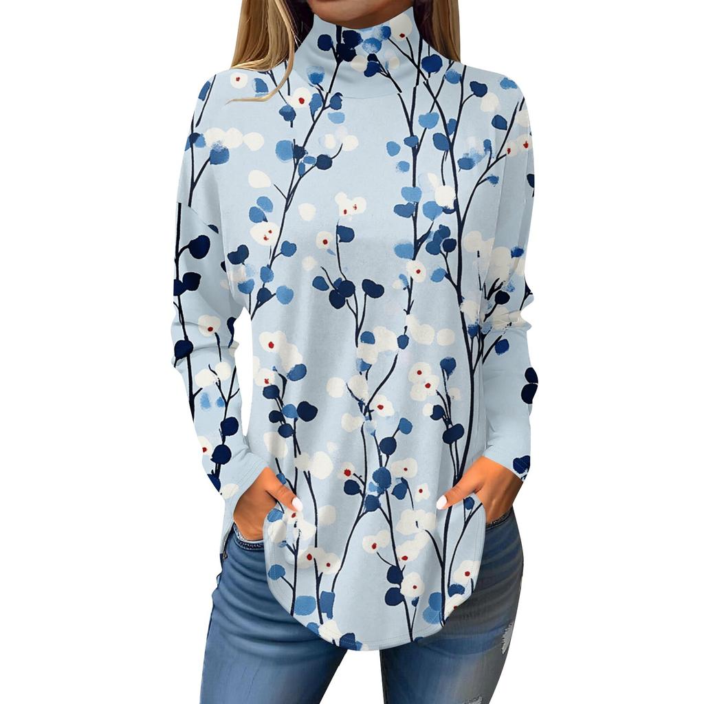 Tee Shirts For Women Fall Casual Long Sleeve Shirts Sweatshirt Vintage Printed High Neck Top Pullover