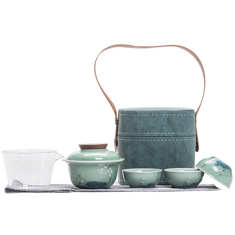 Celadon Travel Tea Set Portable Storage Outdoor One Pot Three Cups Car Tea Small Set Business Souvenir
