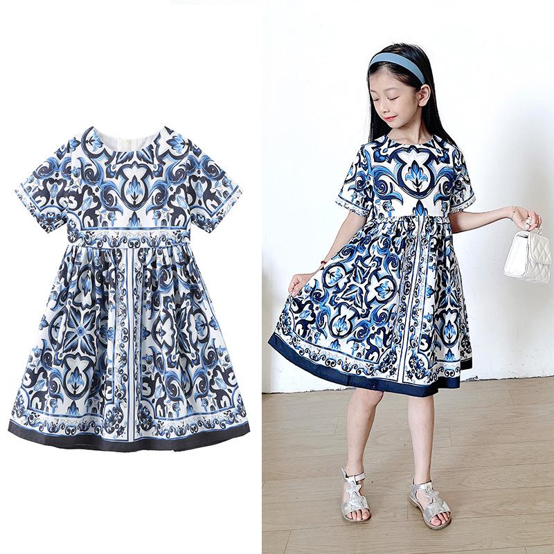 2025 European & American Style Blue & White Porcelain Spaghetti Strap Sleeveless Dress for Girls